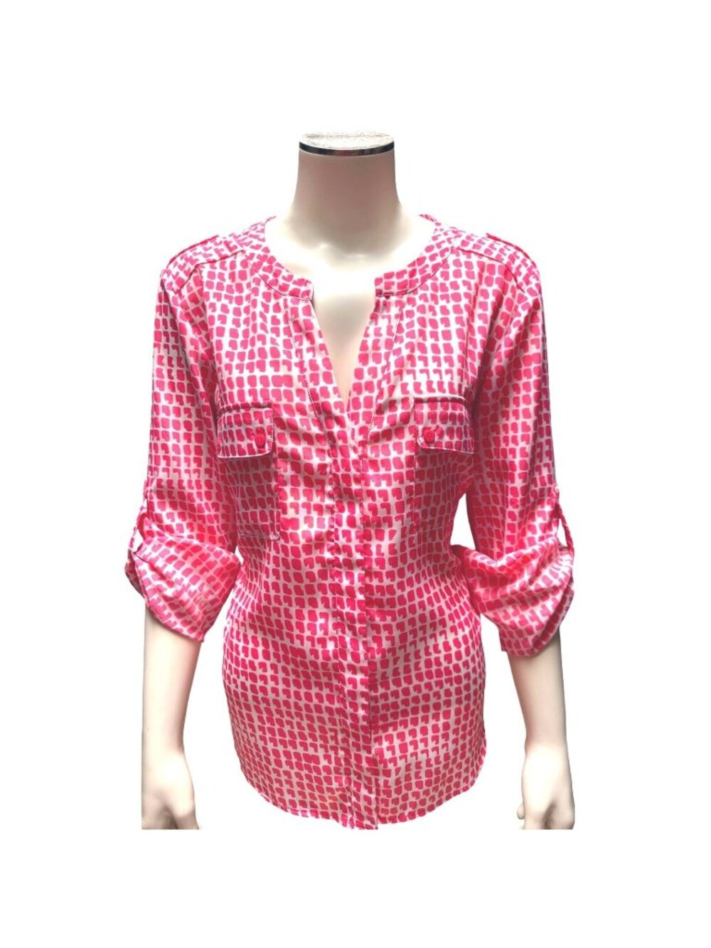 Collective Concepts M Pink White Animal Print Button Up Tunic Blouse Relaxed Fit
